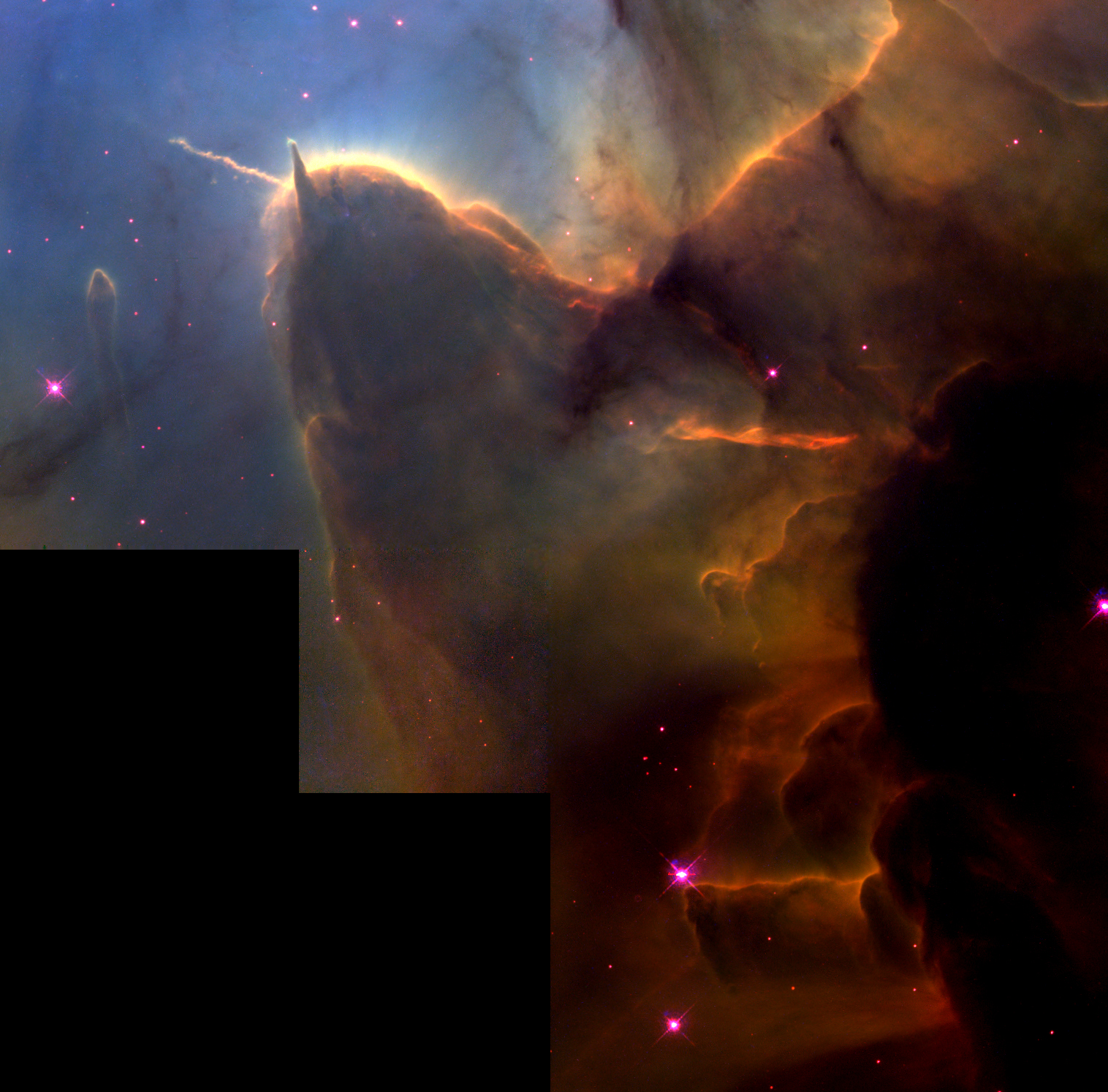 a reddish-orange cloud of dust on a starry black-and-blue background