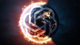 Conceptual image of Planet Earth burning, edited with OpenAI logo composite