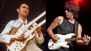 LEFT: John McLaughlin performs on stage, UK, 1975. RIGHT: Jeff Beck performing at the Concord Pavilion in Concord, California on August 1, 2003. He plays a Fender Stratocaster guitar. 