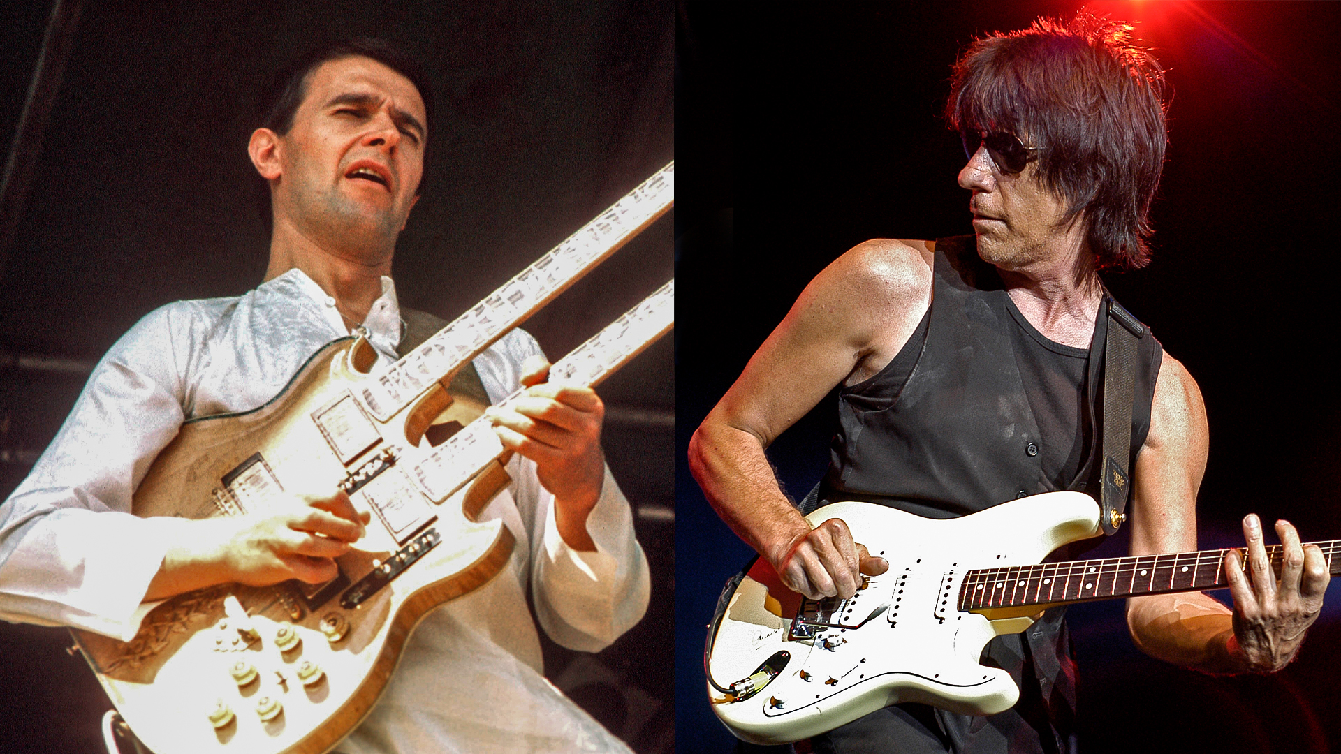 LEFT: John McLaughlin performs on stage, UK, 1975. RIGHT: Jeff Beck performing at the Concord Pavilion in Concord, California on August 1, 2003. He plays a Fender Stratocaster guitar. 