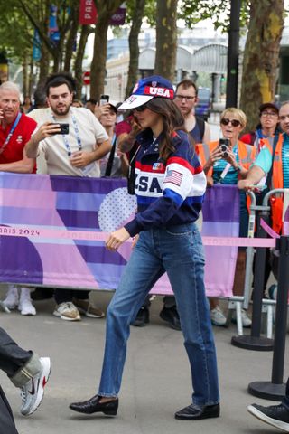 Kendall Jenner attends the Olympic Games 2024 in Paris wearing straight-leg jeans and loafers