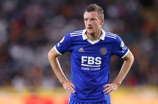 Jamie Vardy of Leicester City looks on during the Pre-Season Friendly between Hull City and Leicester City at MKM Stadium on July 20, 2022 in Hull, England.