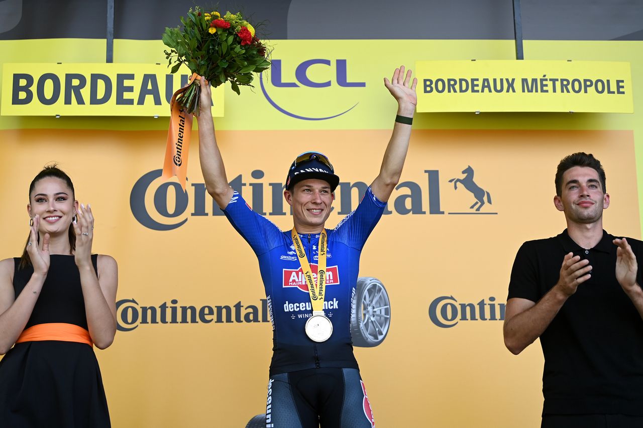 Jasper Philipsen on the podium of stage seven of the 2023 Tour de France