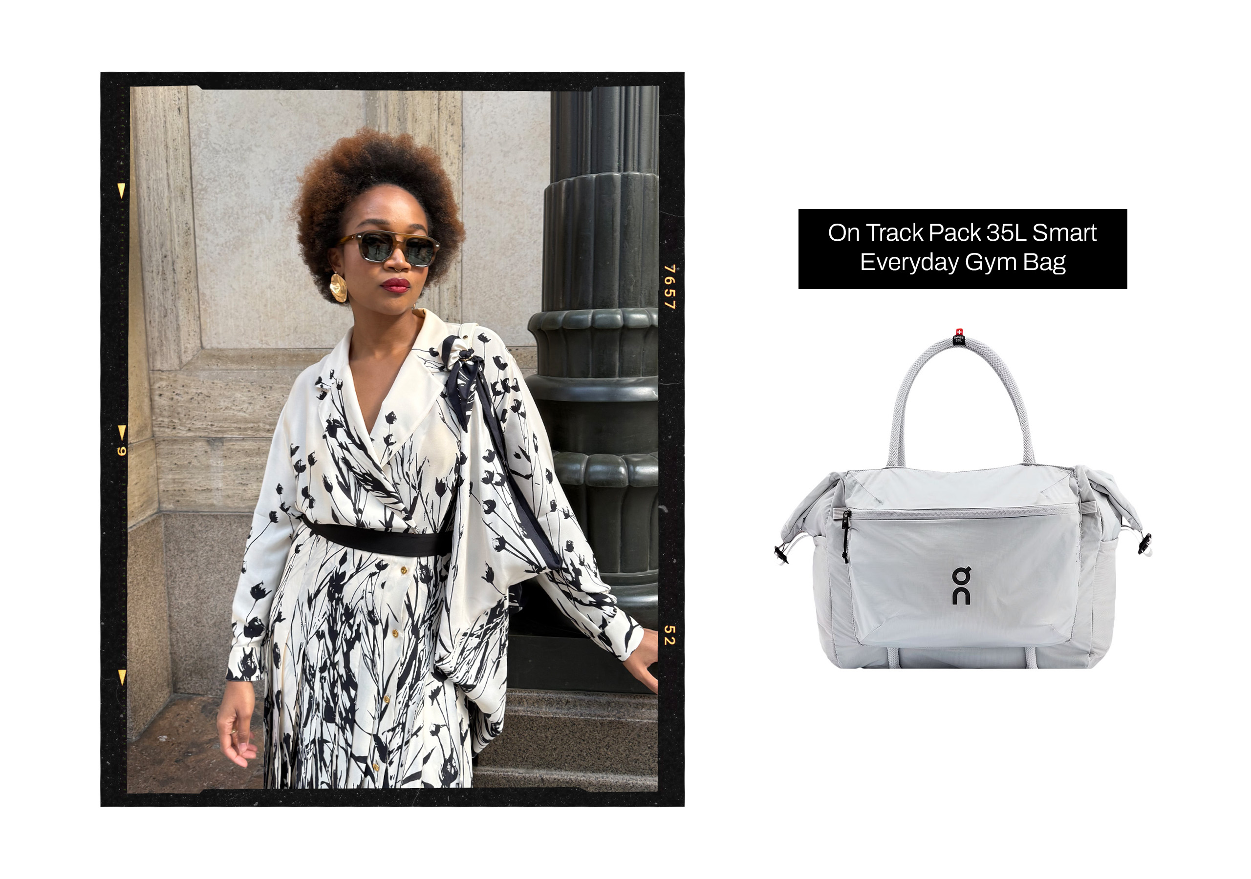 Headshot of Kimberly Drew within a black film frame next to a product image of a work bag