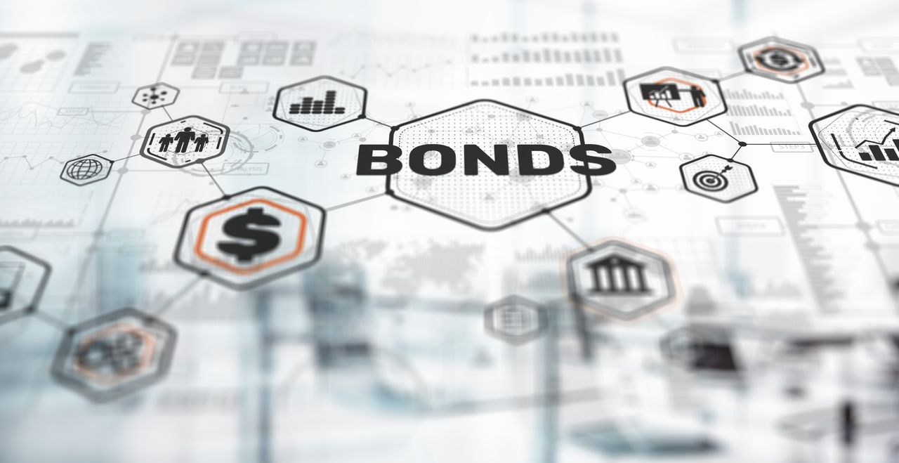 The word BONDS in a mind map style graphic, linked to other financial symbols