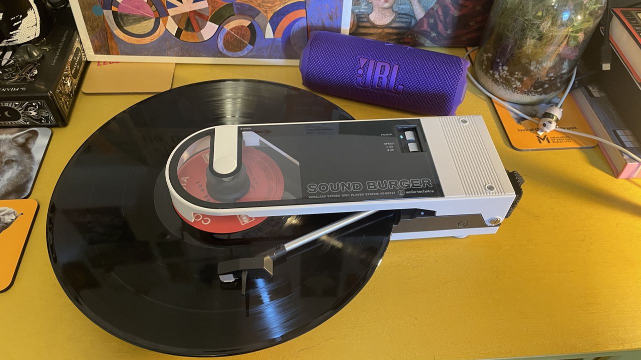Audio-Technica Sound Burger on yellow desk with JBL Flip 7
