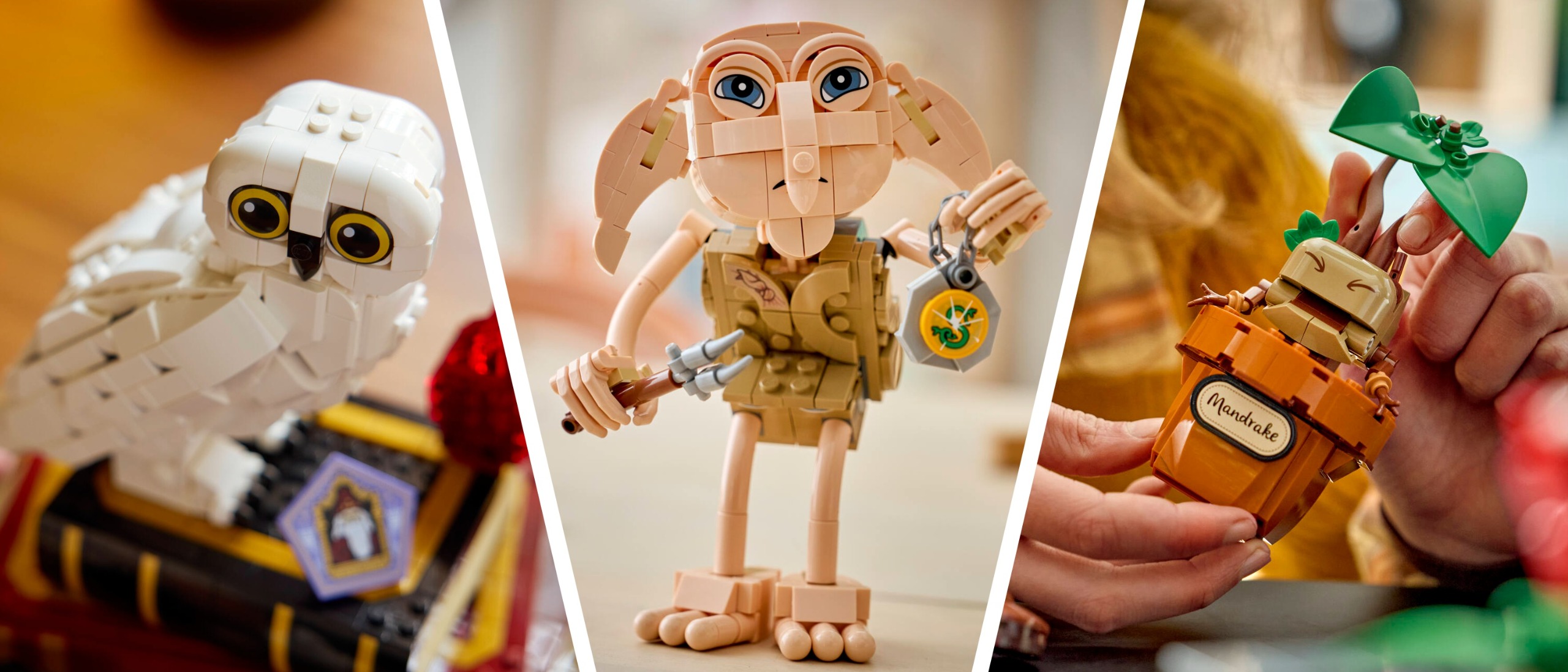 Three Harry Potter Lego sets &mdash; an Hedwig owl, Krecher house elf and a crying Mandrake plant