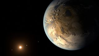 Artist's concept of Kepler-186f, the first Earth-size planet found orbiting in the habitable zone of its parent star. The exoplanet circles a red dwarf about 490 light-years from Earth.