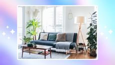 A ombre rainbow background with a picture of an apartment
