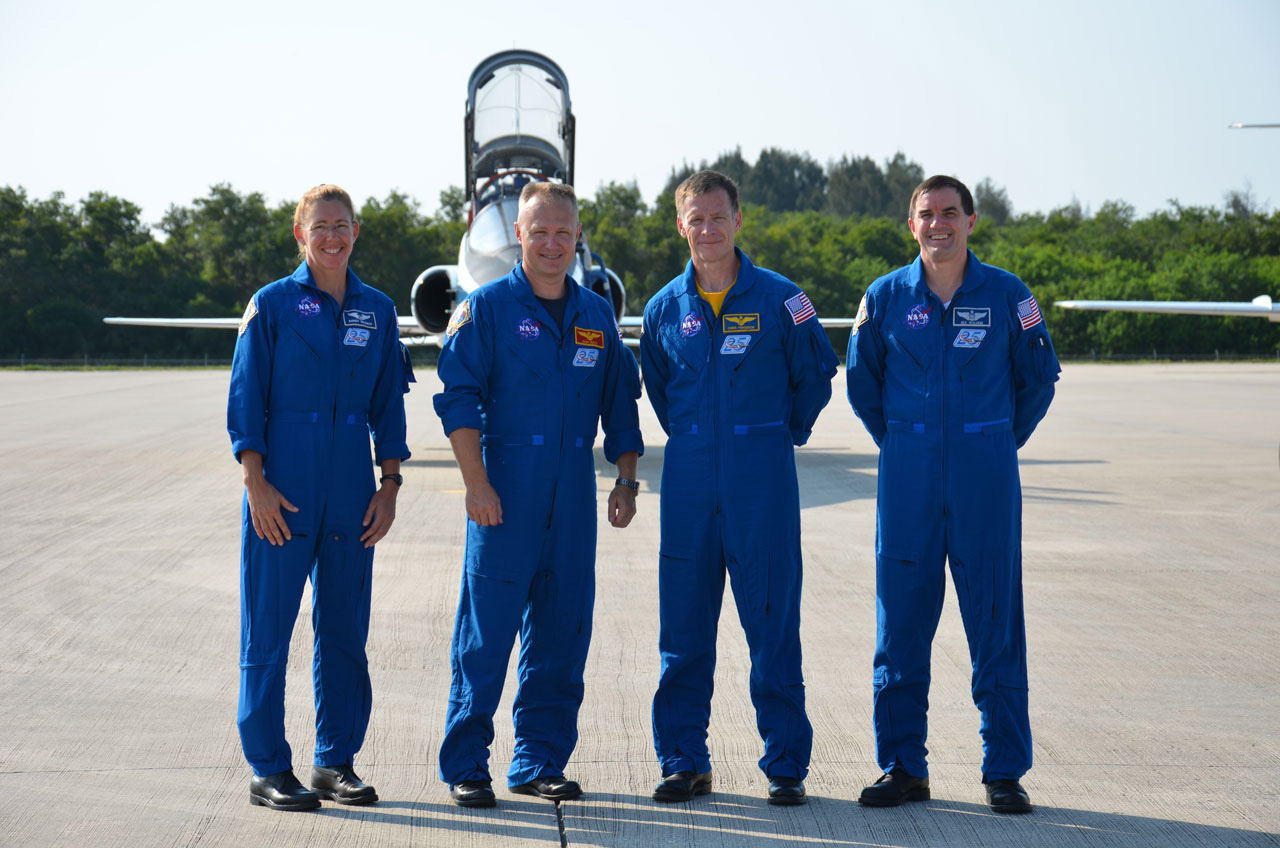 The ‘final four’ space shuttle astronauts arrived at Kennedy Space Center in Florida on June 20, 2011 to practice for their July 8 launch. From left to right: STS-135 mission specialist Sandra Magnus, pilot Doug Hurley, commander Chris Ferguson and missio