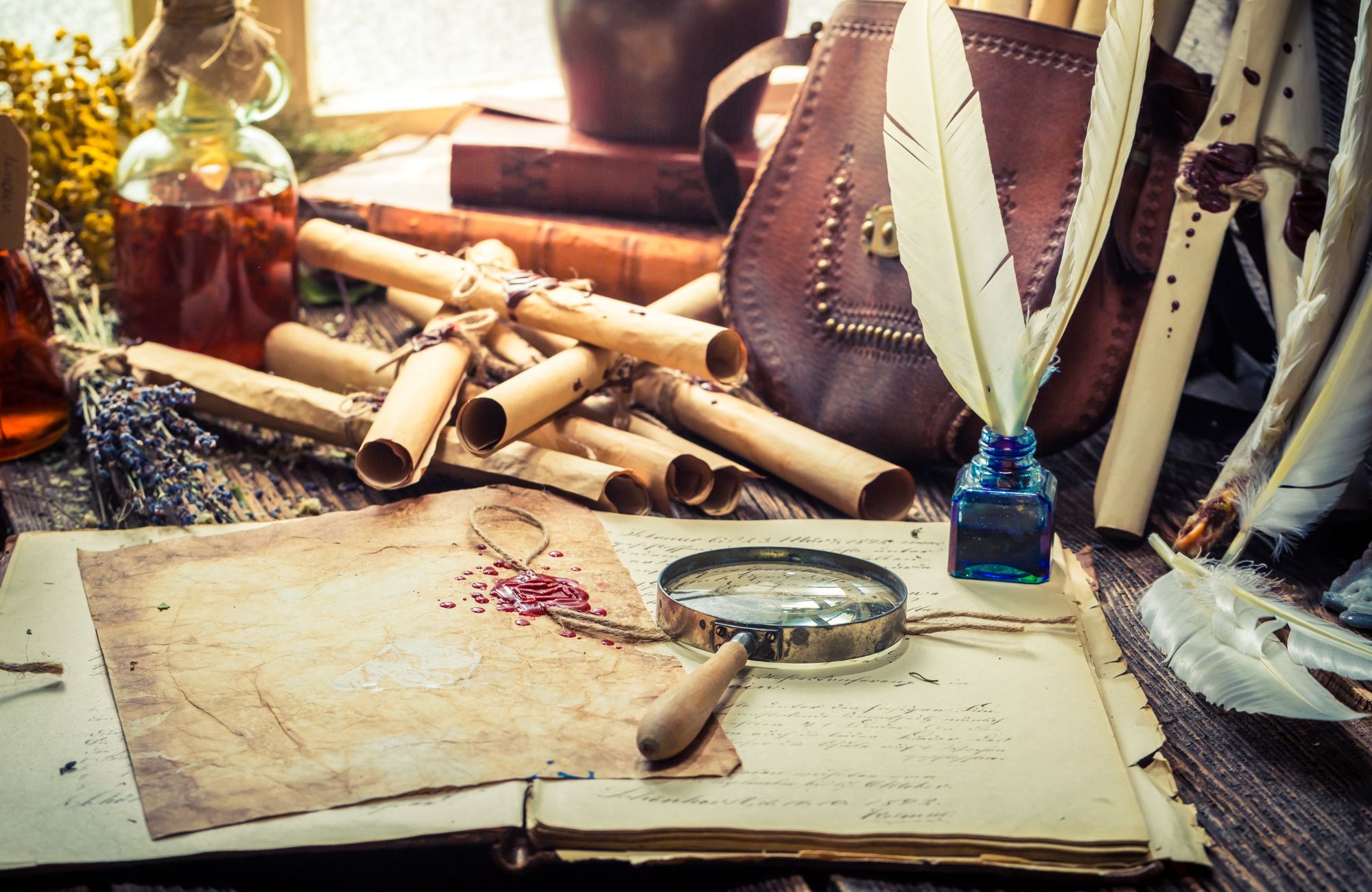 Old witcher laboratory full of plants, scrolls and recipe