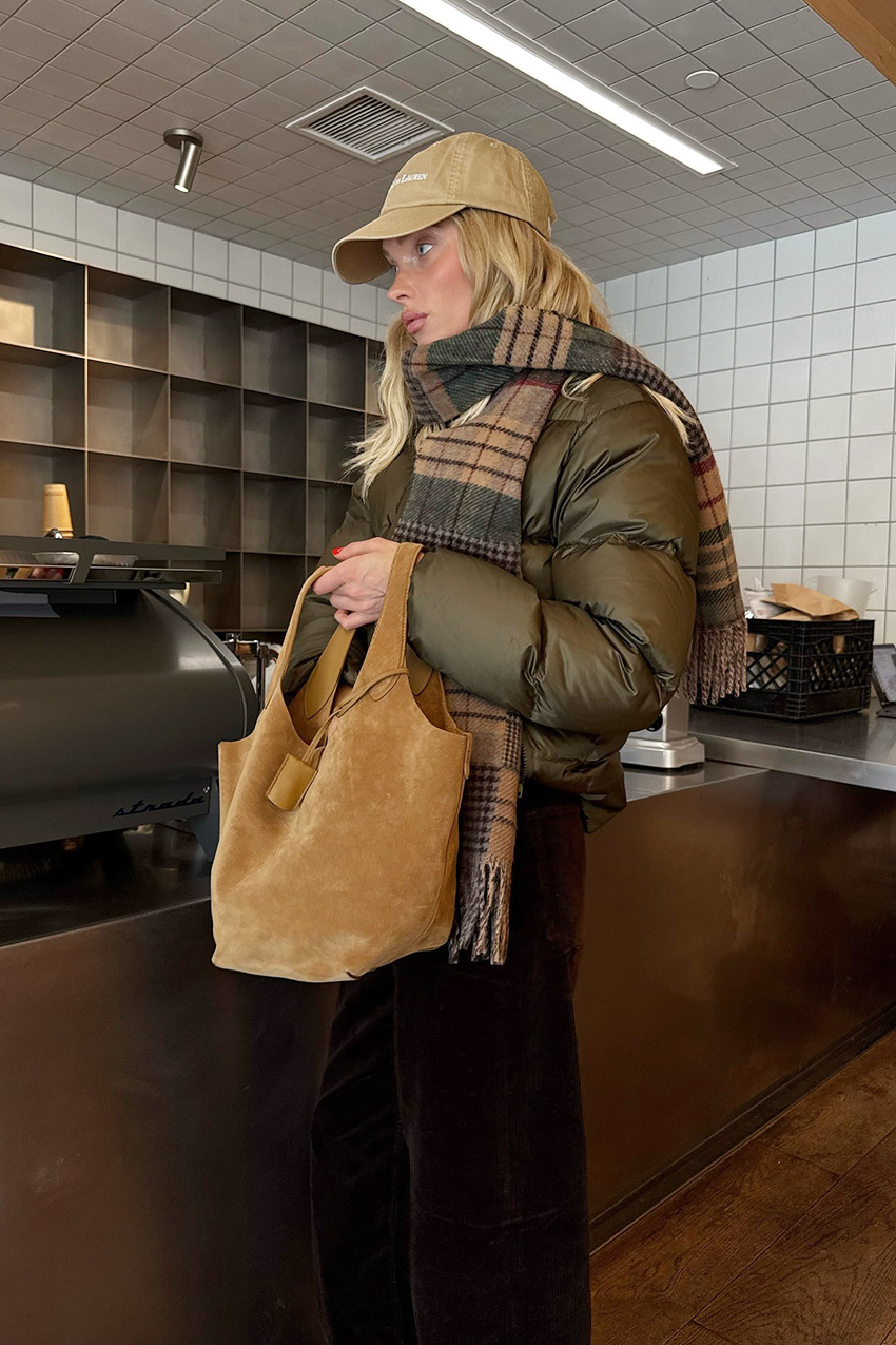 Elsa Hosk wearing a checked Polo Ralph Lauren scarf