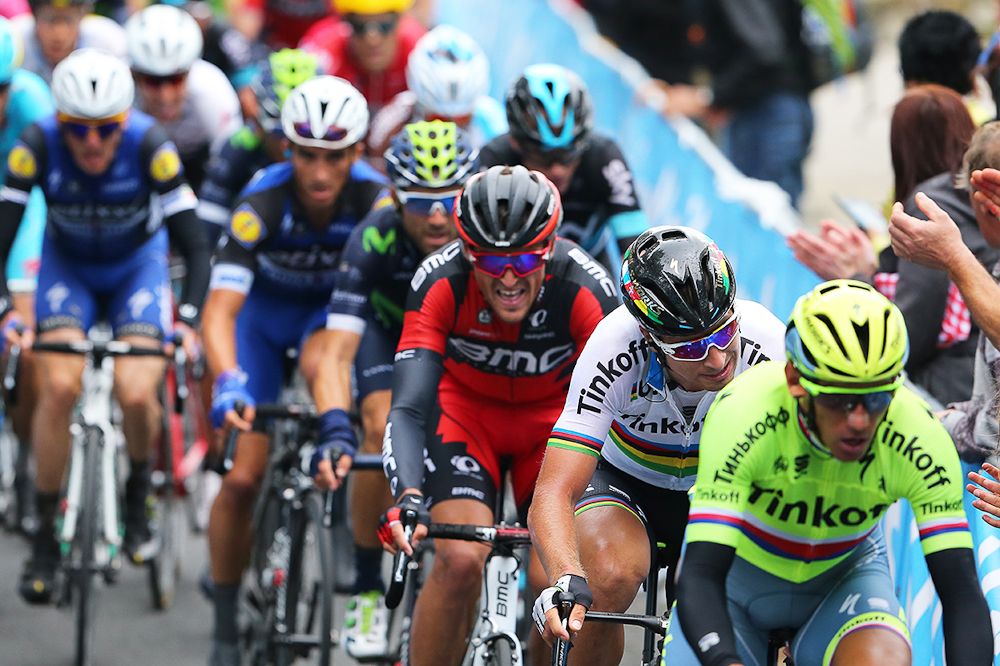 Peter Sagan follows his lead out in the finale of stage 2 at the Tour de France