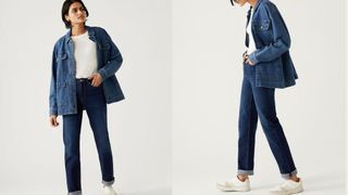 composite of model wearing dark indigo blue straight leg jeans from m&s
