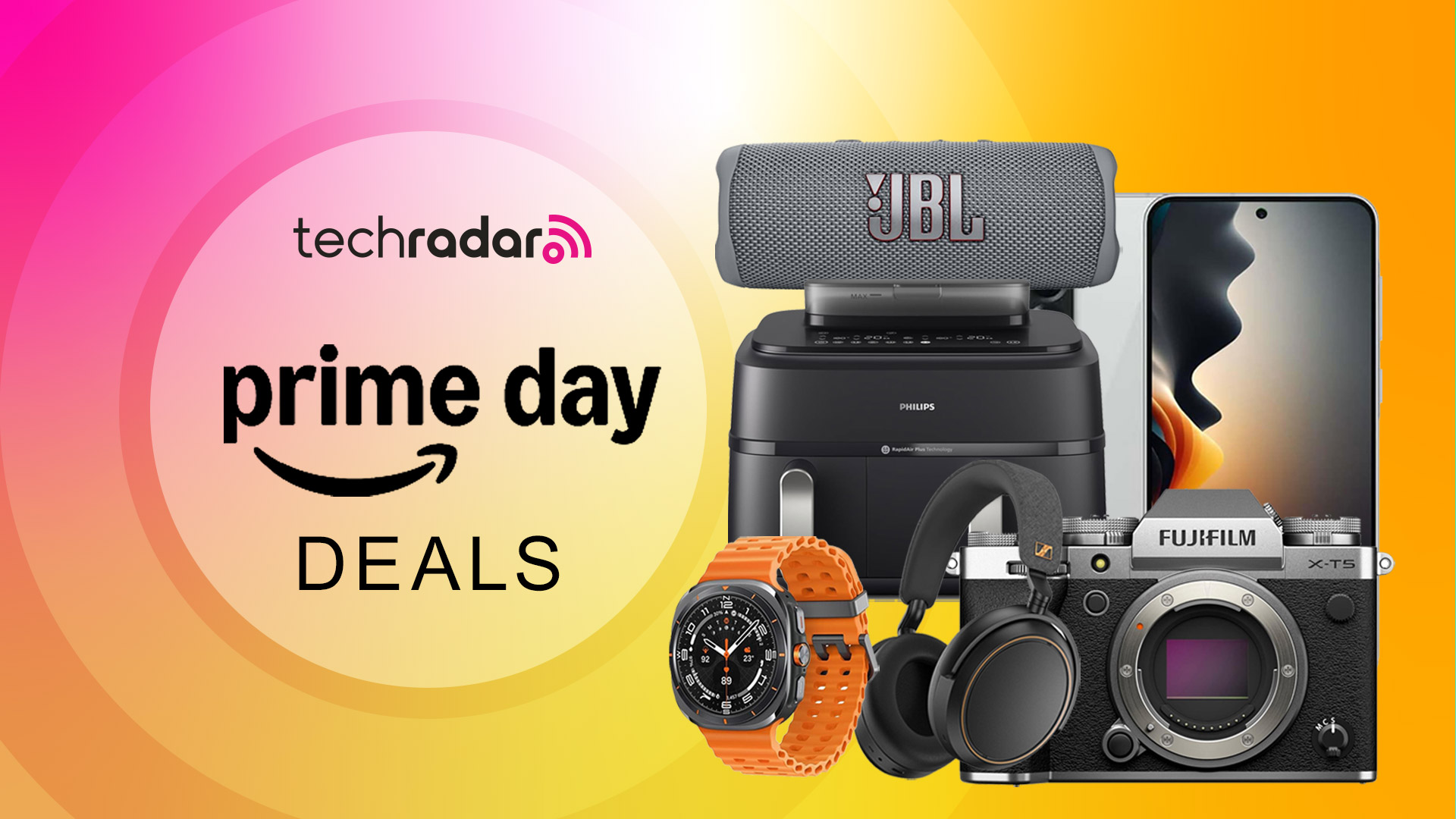 Assortment of tech on a gradient background with &quot;Prime Day Deals&quot; text.