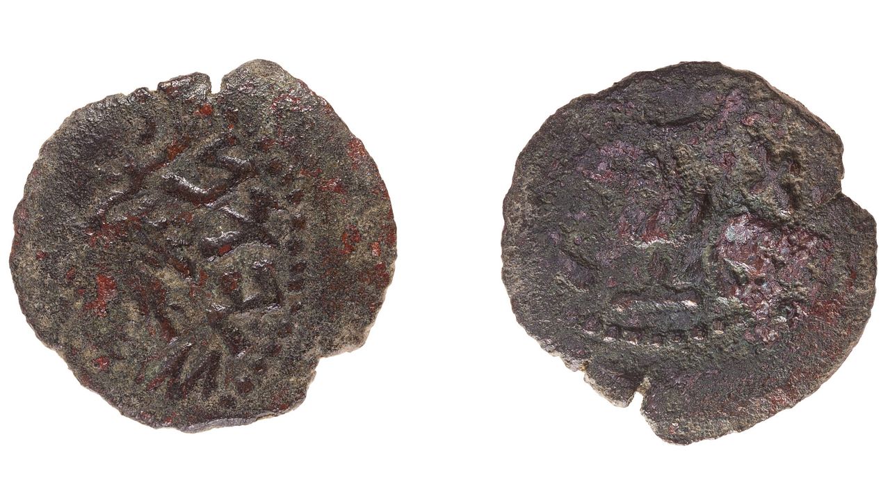 This coin dates to AD 67 or 68 and was minted by Jewish rebels who were revolting against the Roman Empire. They succeeded in taking control of a substantial amount of Israel before a Roman counterattack led to Jerusalem being sacked in AD 70. This coin was found about 1 km (0.62 miles) from the Bar Kokhba coin.