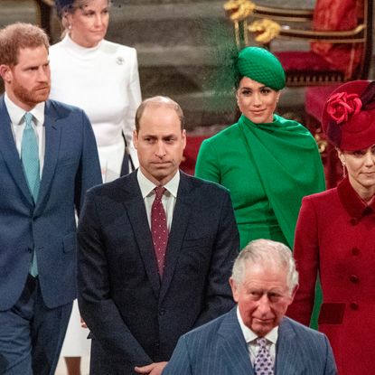 Prince Harry, Prince William, Meghan Markle, and Kate Middleton join King Charles on Commonwealth Day on March 9, 2020. 