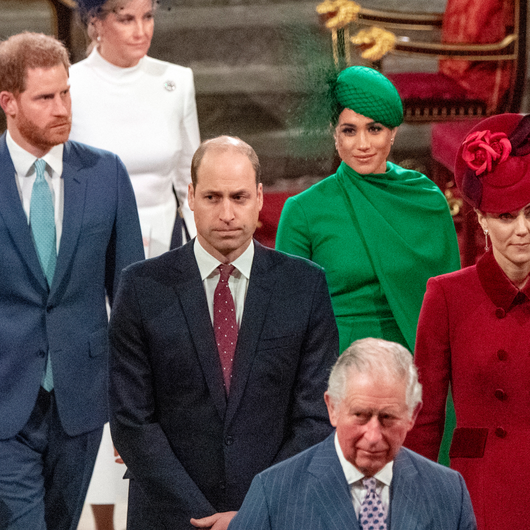 Prince Harry, Prince William, Meghan Markle, and Kate Middleton join King Charles on Commonwealth Day on March 9, 2020. 