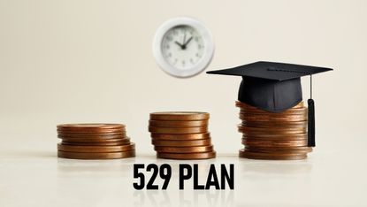 "529 plan" printed under ascending stacks of coins with a graduation cap on highest stack