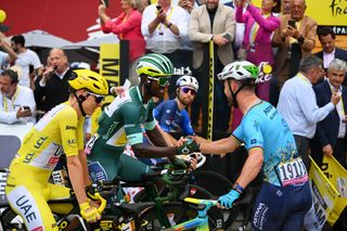 MACON FRANCE JULY 04 LR Tadej Pogacar of Slovenia and UAE Team Emirates Yellow Leader Jersey Biniam Girmay of Eritrea and Team Intermarche Wanty Green Sprint Jersey and Mark Cavendish of The United Kingdom and Astana Qazaqstan Team prior to the 111th Tour de France 2024 Stage 6 a 1635km stage from Macon to Dijon UCIWT on July 04 2024 in Macon France Photo by Dario BelingheriGetty Images