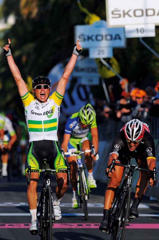 Got the edge: Simon Gerrans (GreenEdge) showed he was the smartest rider in the pack by outfoxing Nibali and Cancellara to win Milan San Remo