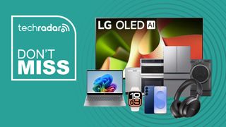 Collage of tech from the Best Buy Presidents' Day sale including LG TV, appliances, HP Laptop, Samsung Galaxy S25, Bose headphones and Apple Watch 10