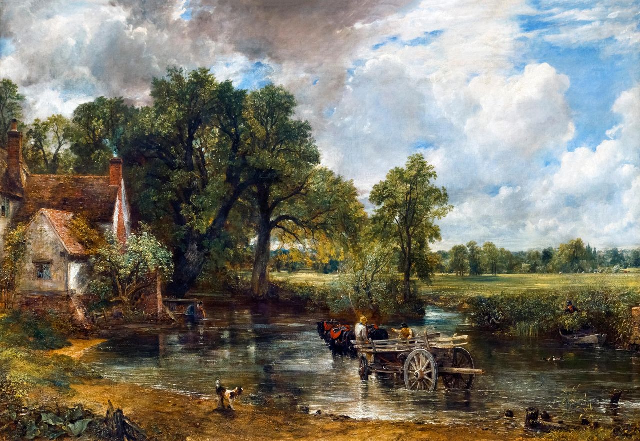 The Hay Wain by John Constable, oil on canvas, 1821, which lives at the National Gallery in London.