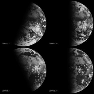 A view of Earth from space during solstices and equinoxes. During the solstices, the Earth is tilted such that sunlight falls diagonally across the planet, whereas sunlight falls vertically during the equinoxes.