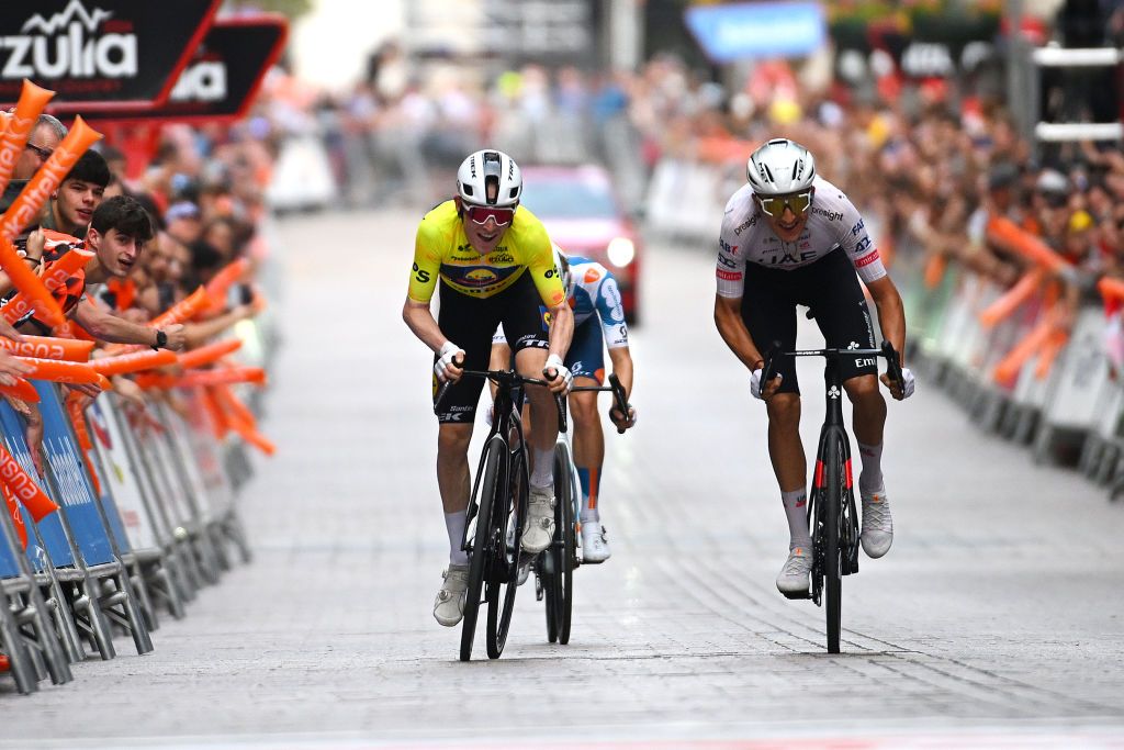 EIBAR SPAIN APRIL 06 LR Mattias Skjelmose of Denmark and Team Lidl Trek Yellow Leader Jersey and Marc Soler of Spain and UAE Team Emirates cross the finish line during the 63rd Itzulia Basque Country 2024 Stage 6 a 1378km stage from Eibar to Eibar UCIWT on April 06 2024 in Eibar Spain Photo by Tim de WaeleGetty Images