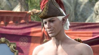 Baldur's Gate 3 - Astarion wearing an admiral's hate in camp, shirtless