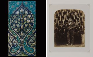 Left, painted earthenware tile panel for the saloon and Right, Isambard Kingdom Brunel and the launching chains of the Great Eastern