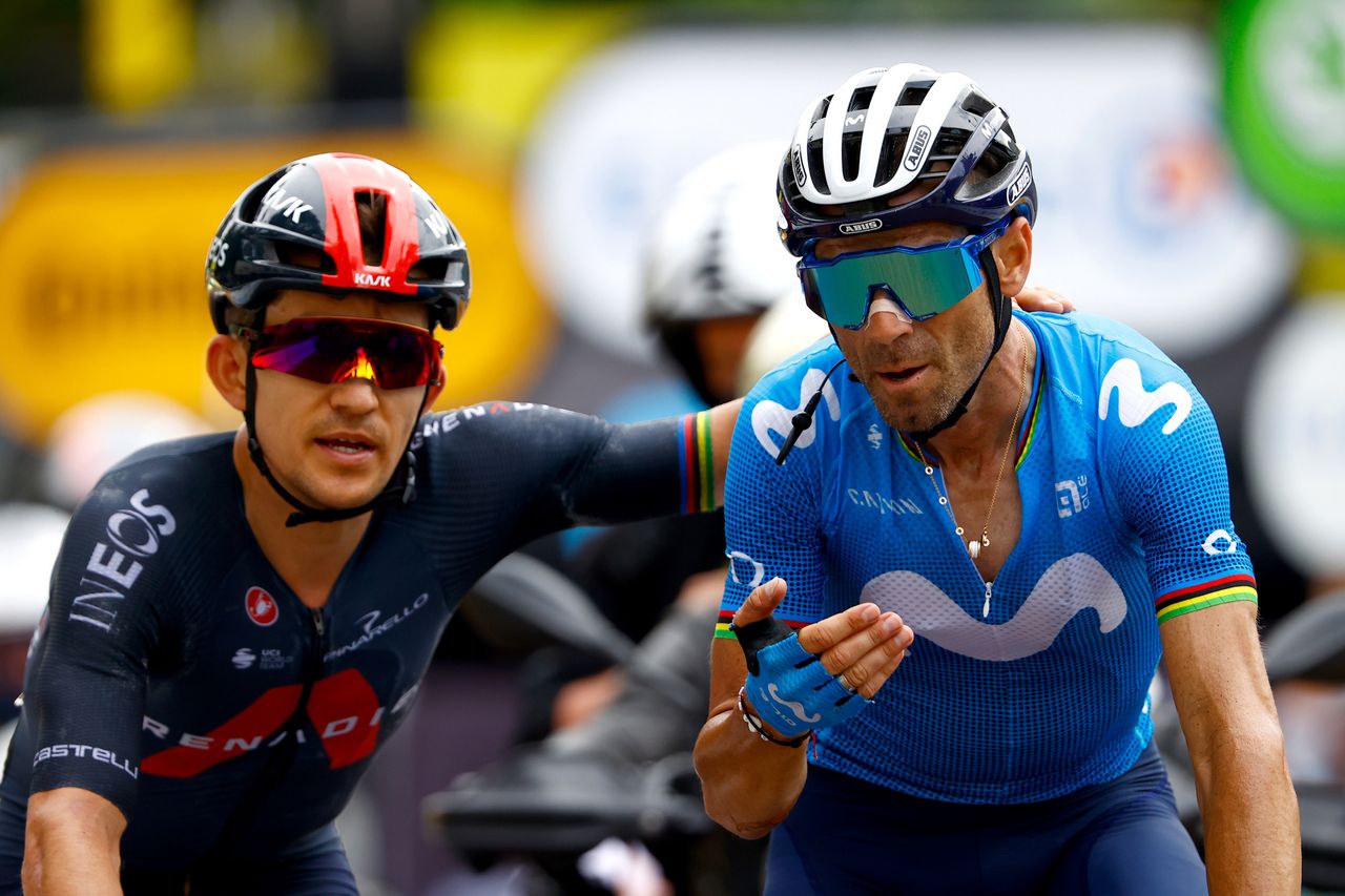 Tour de France 2021 108th Edition 7th stage Vierzon Le Creusot 2491 km 02072021 Michal Kwiatkowski POL Ineos Grenadiers Alejandro Valverde ESP Movistar Team photo Luca BettiniBettiniPhoto2021