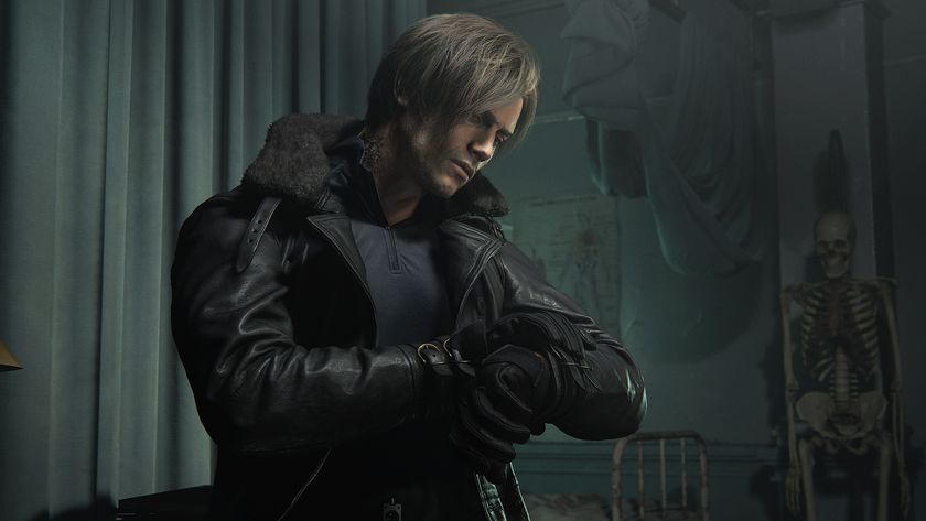 Leon Kennedy, wearing a black leather jacket, checks his watch in a hospital waiting room in Resident Evil Requiem
