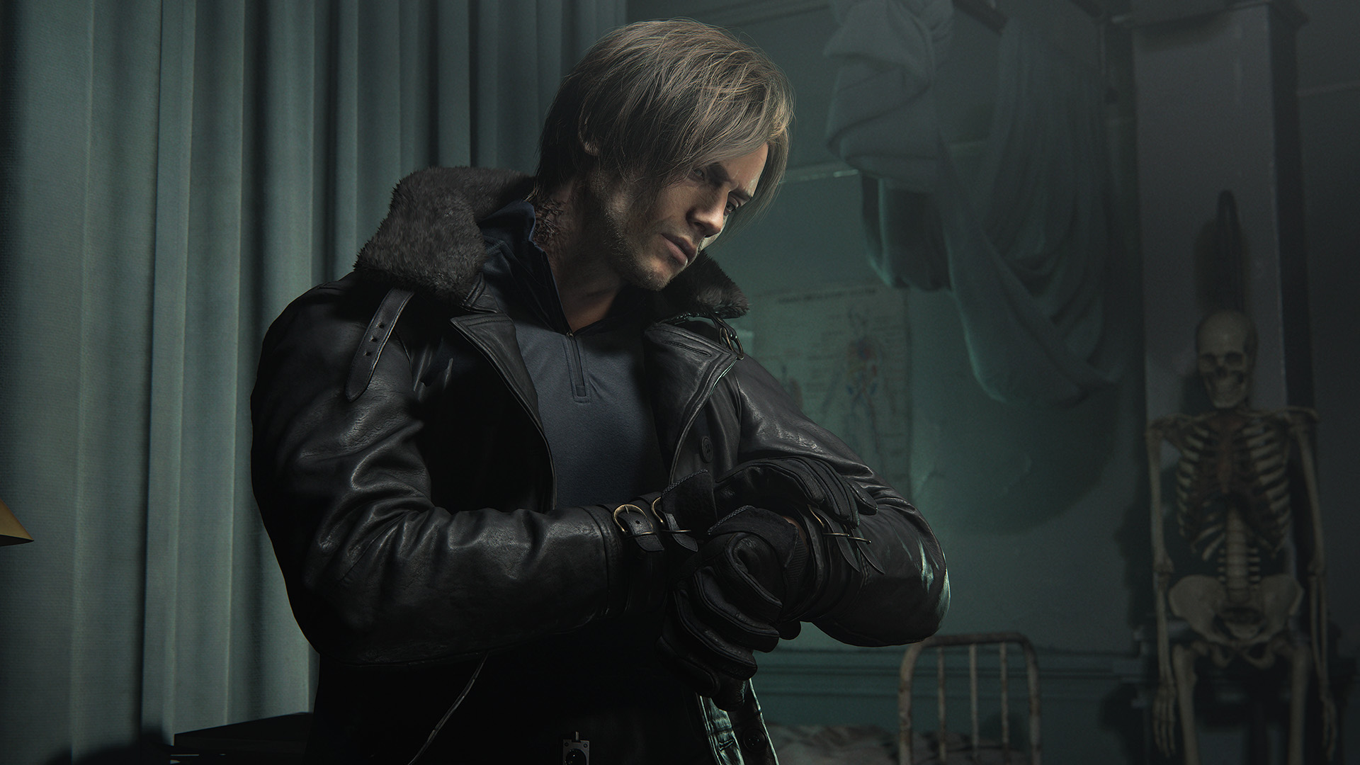 Leon Kennedy, wearing a black leather jacket, checks his watch in a hospital waiting room in Resident Evil Requiem
