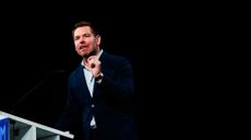 Rep. Eric Swalwell (D-Calif.) delivering remarks in San Francisco. 