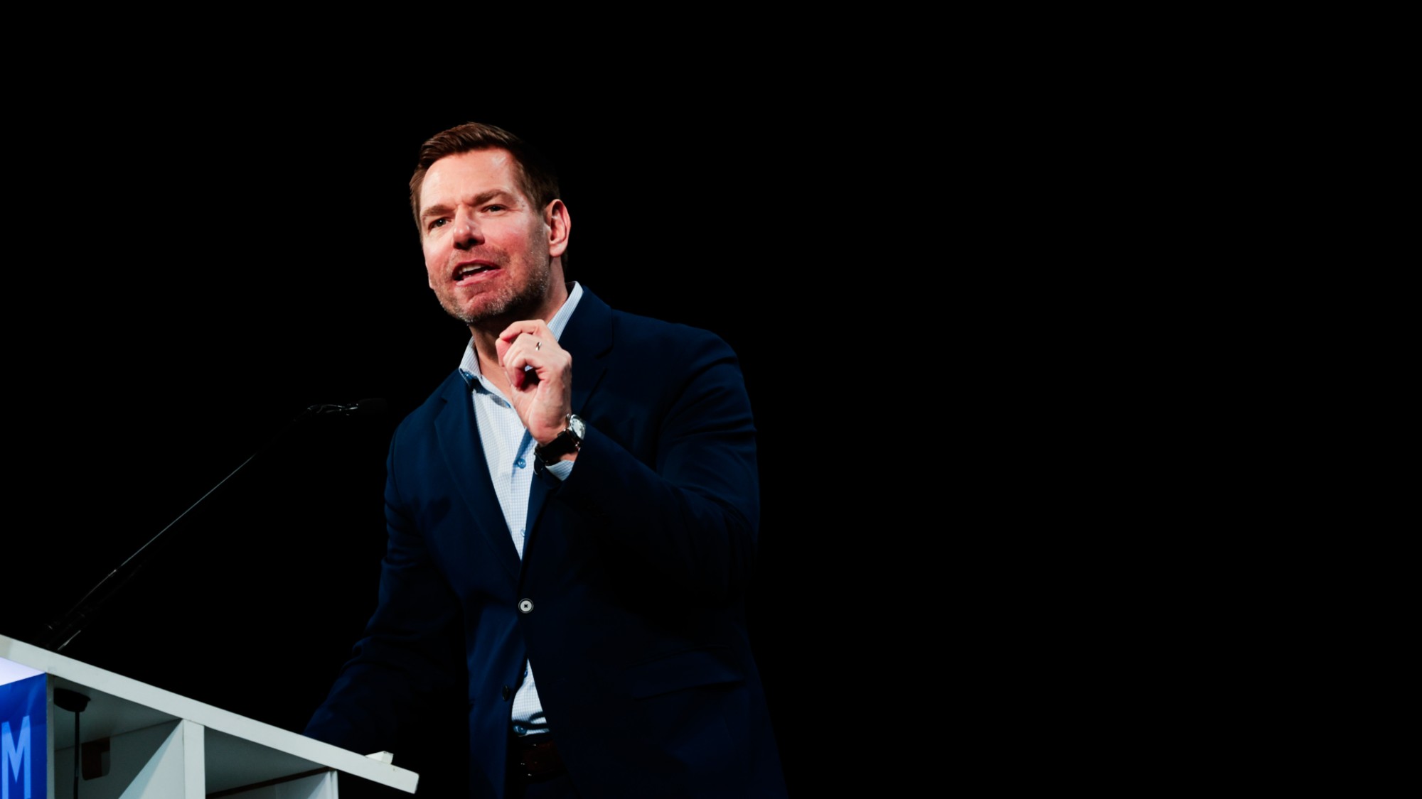 Rep. Eric Swalwell (D-Calif.) delivering remarks in San Francisco. 