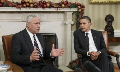Former Secretary of State Colin Powell with President Obama in the Oval Office in December 2010. Powell doesn't seem prepared to make an endorsement for either candidate this year, but does h