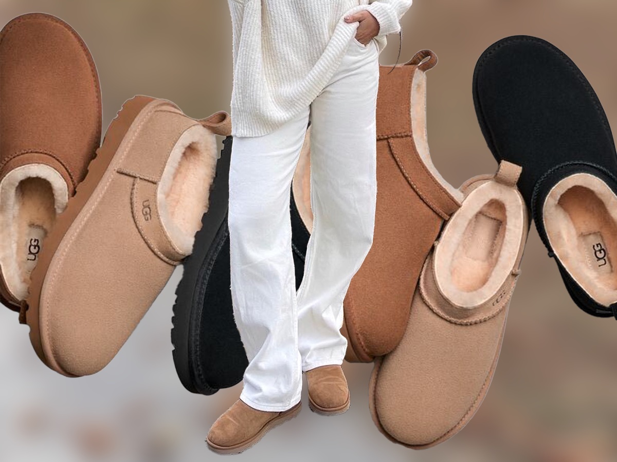 Fashion collage featuring Ugg Classic Micro boots and influencer Izzy Dilger wearing a ribbed white sweater, relaxed white jeans, and Ugg boots.