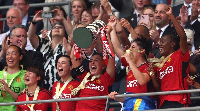 Katie Zelem lifts the Women&#039;s FA Cup trophy after Manchester United&#039;s 4-0 win over Tottenham at Wembley in May 2024.