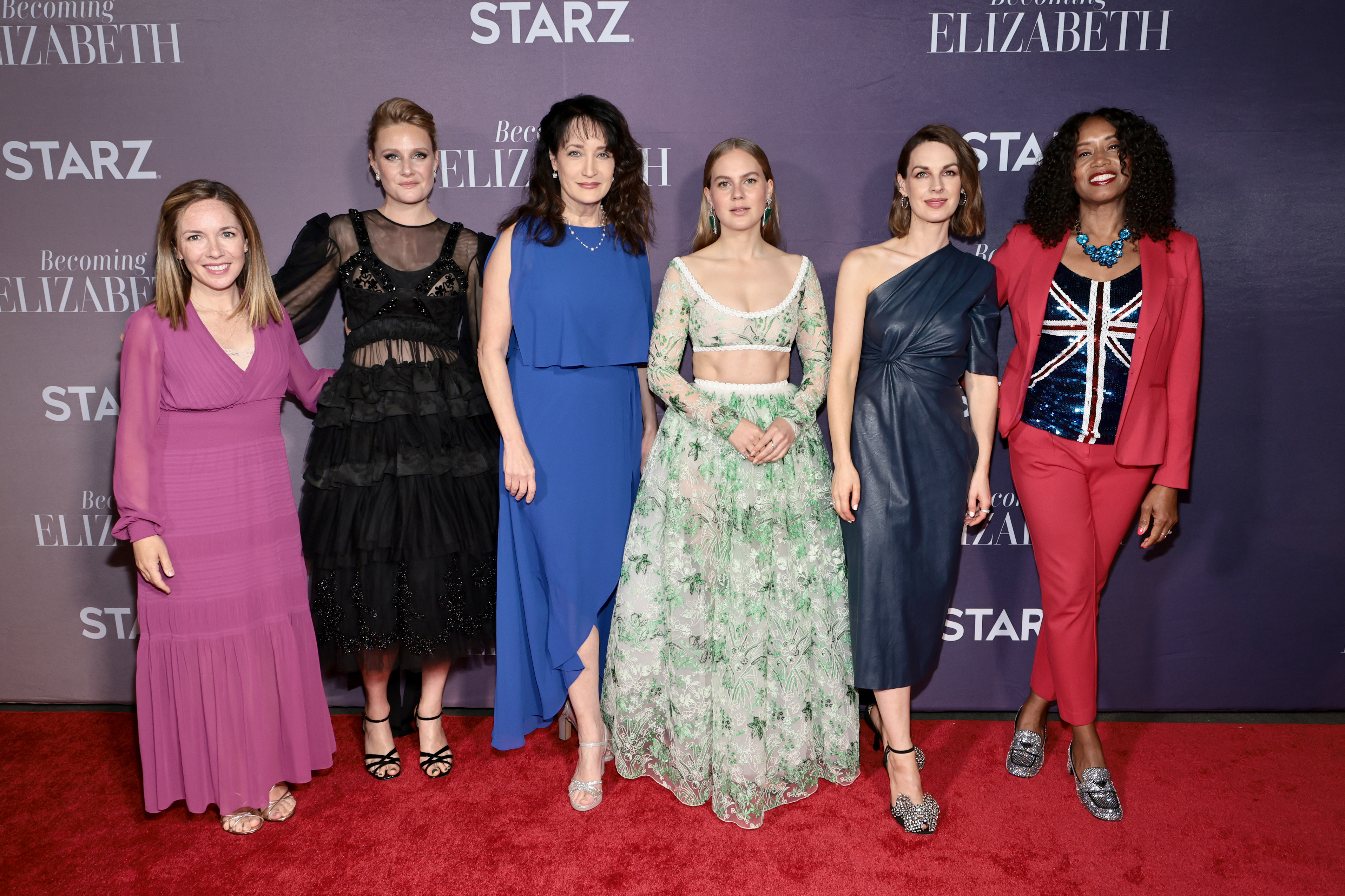 At the premiere of Starz’s Becoming Elizabeth at The Plaza in New York (l. to r.): Alison Hoffman, Starz president, domestic programming; Romola Garai; Karen Bailey, Starz EVP, original programming; Alicia von Rittberg; Jessica Raine; and Kathryn Busby, Starz president, original programming. 