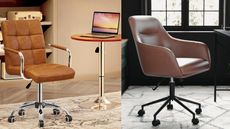 Two of the best Amazon office chairs in our guide - one tan leather, and one dark brown leather pick