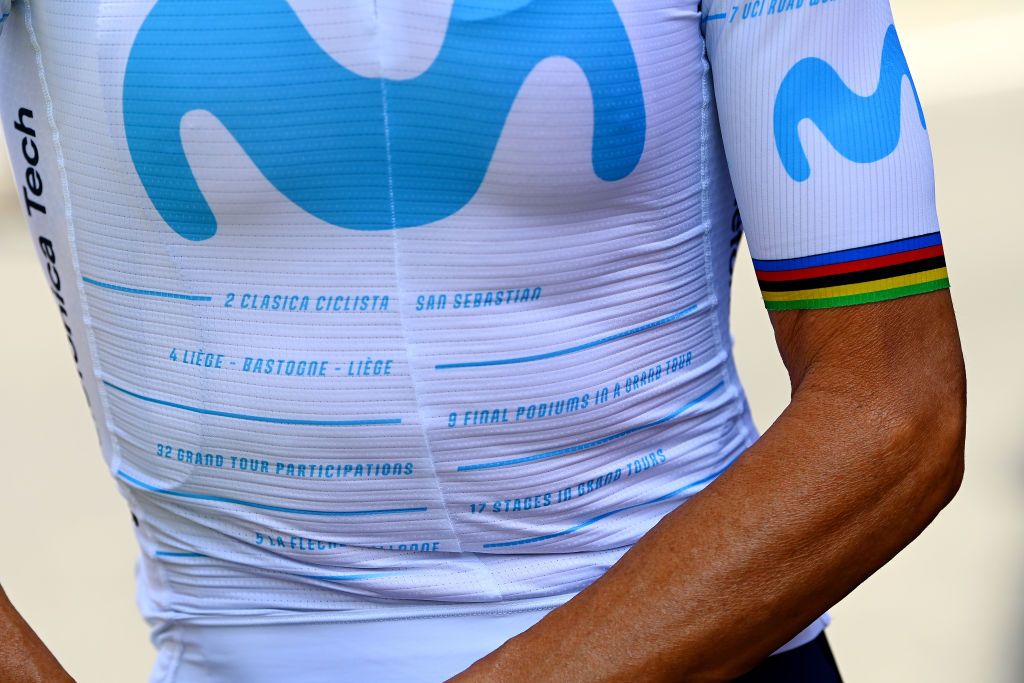 UTRECHT NETHERLANDS AUGUST 20 Detailed view of Alejandro Valverde Belmonte of Spain and Movistar Team with the special jersey commemorating his career prior to the 77th Tour of Spain 2022 Stage 2 a 1751km stage from sHertogenbosch to Utrecht LaVuelta22 WorldTour on August 20 2022 in Utrecht Netherlands Photo by Tim de WaeleGetty Images