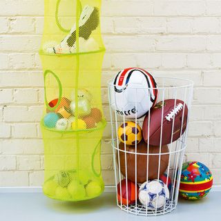 hanging mesh toy storage bag with basket of sports balls