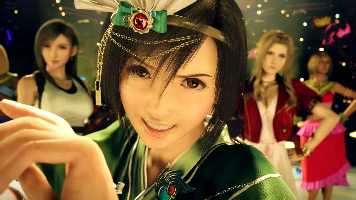 Final Fantasy 7 Rebirth trailer screenshot showing a young woman in a green ceremonial dress dancing, a determined look upon her face as she smirks while staring ahead