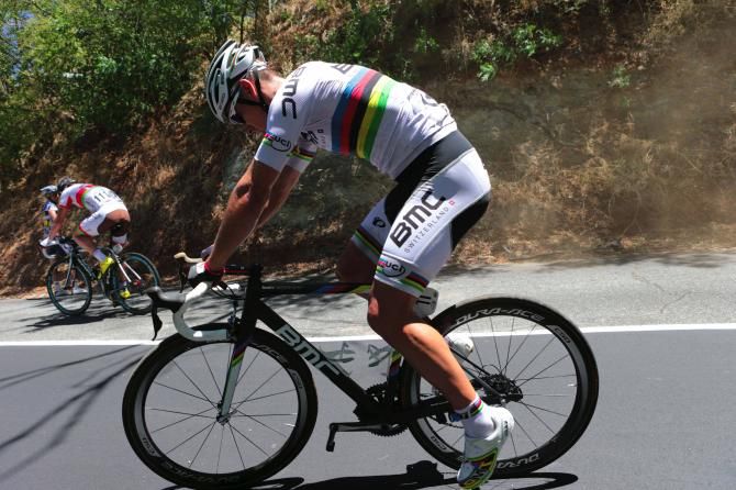 World champion Philippe Gilbert (BMC) remounts gingerly after his crash at the Tour Down Under.