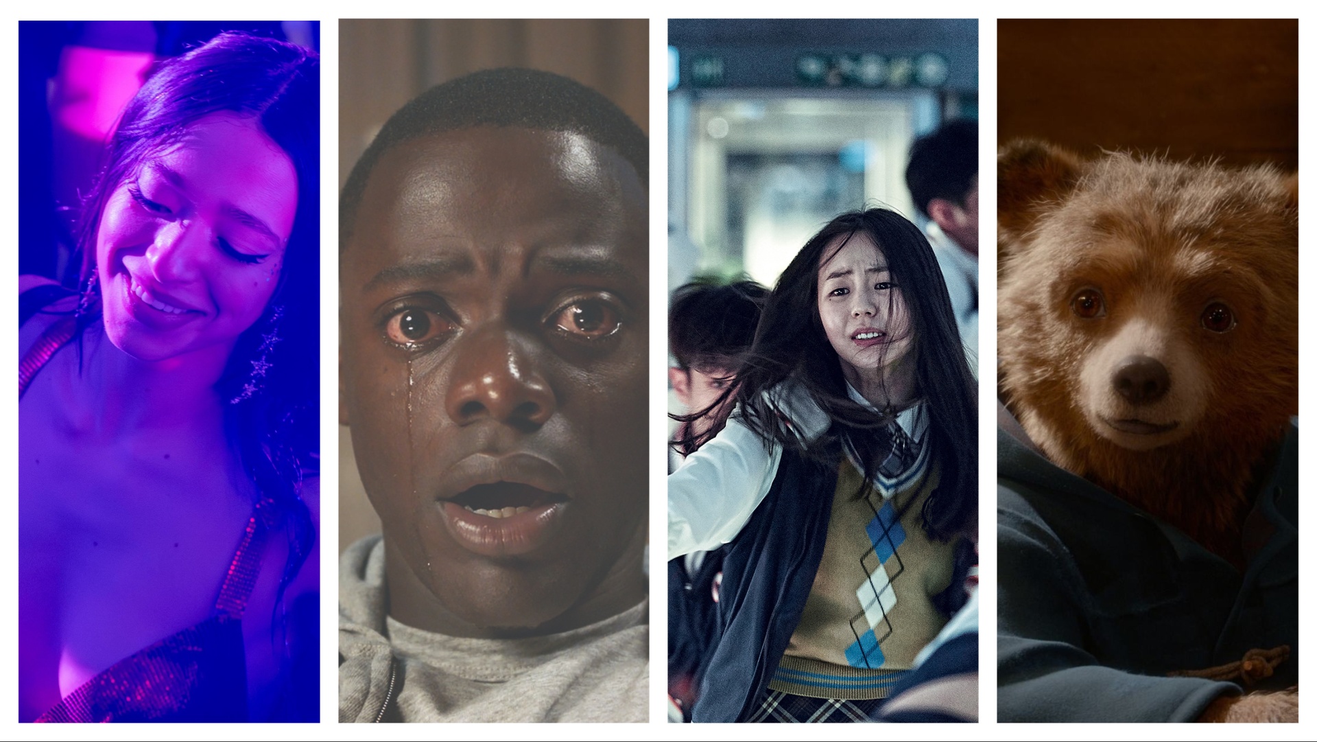 Four films sliced together, from left to right: Anora/Get Out/Train to Busan/Paddington 2 