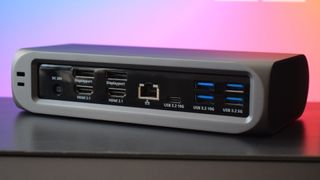 Photograph of the Satechi Thunderbolt 4 Multimedia Pro Dock's rear ports