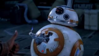 BB-8 giving a thumbs up to Finn in The Force Awakens