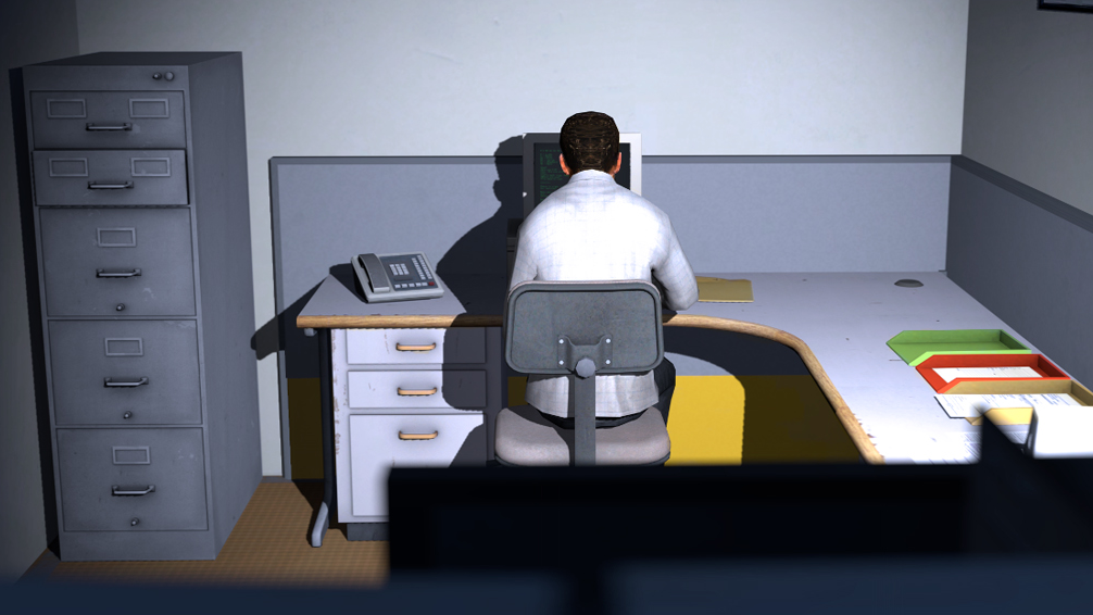 Stanley sits at his computer in the game&#039;s opening sequence