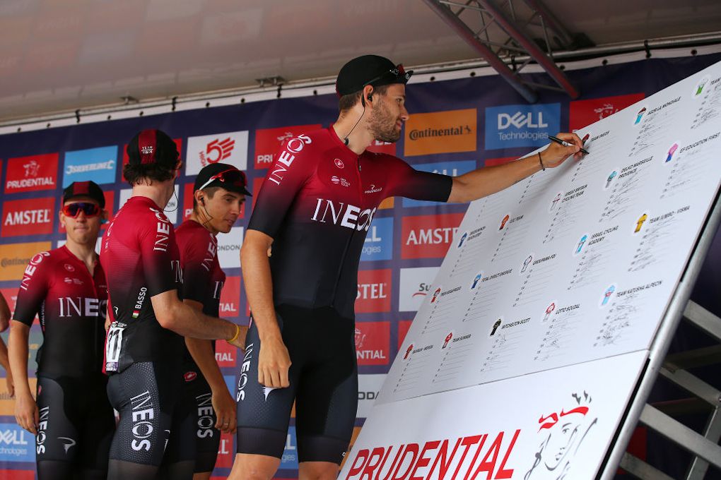 Filippo Ganna (Team Ineos) signs in for RideLondon-Surrey Classic